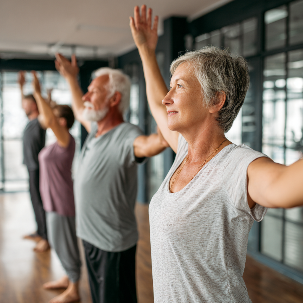Middle-aged adults practicing gentle movement exercises in a bright, welcoming fitness space